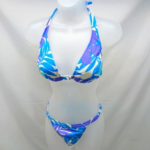 Venus Trio Vibrant Blue Purple Bikini Set with Halter Top, Bottom & Skirt Large. - Picture 4 of 11